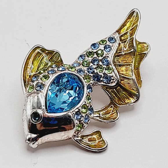 Vintage Monet Fish Brooch Blue Rhinestones Enamel Gold Fins Pin 1 1/2 Inch - Picture 9 of 9